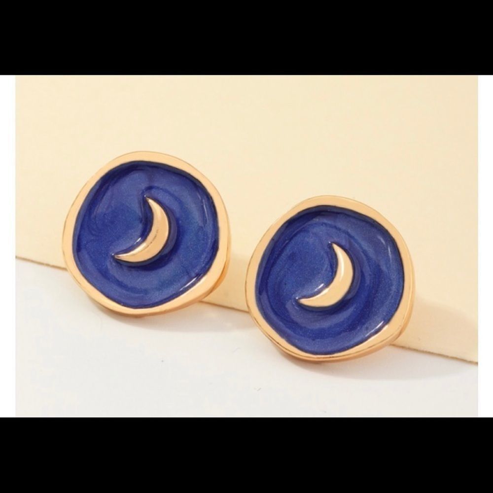 Gold Blue Circle Moon Stud Earrings